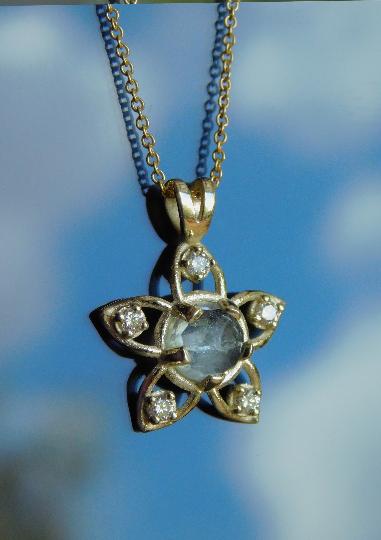 Gold Diamonds and Aquamarine necklace, 14k in yellow white or red gold