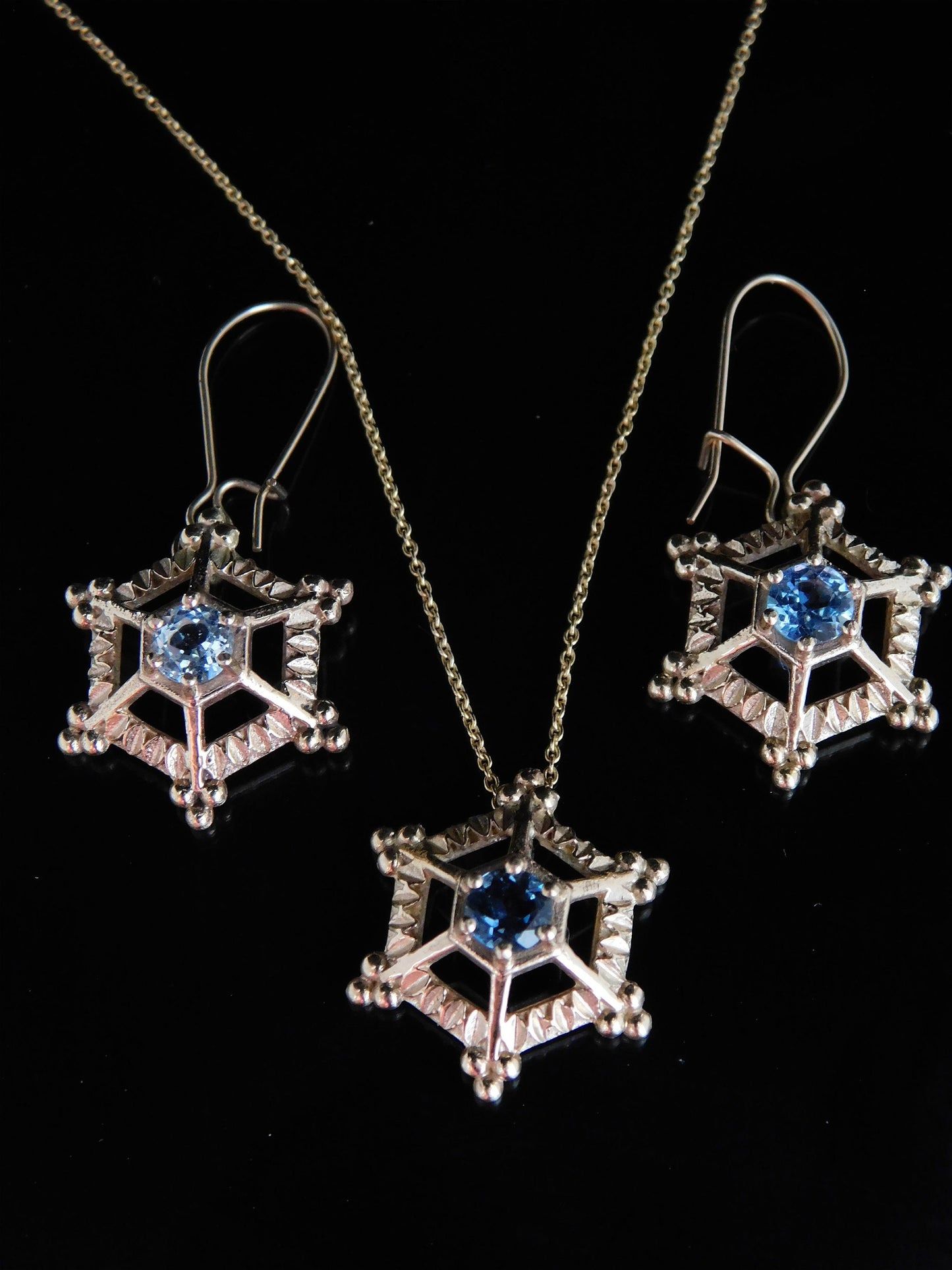 Blue Topaz 14 k gold Snowflake earrings
