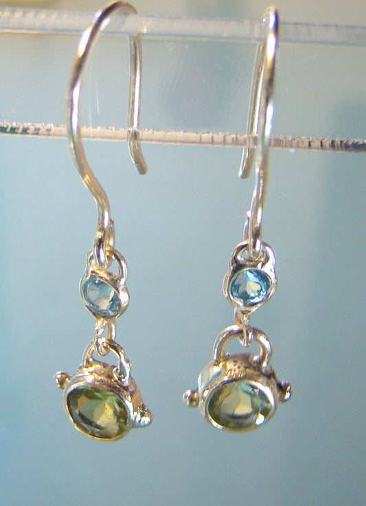 Peridot, blue topaz 14k gold dangle Earrings