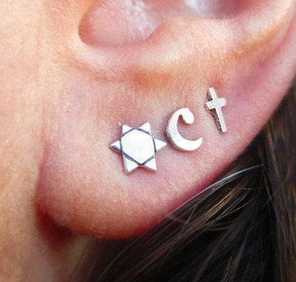 Star of David, cross, Crescent moon Silver stud earrings