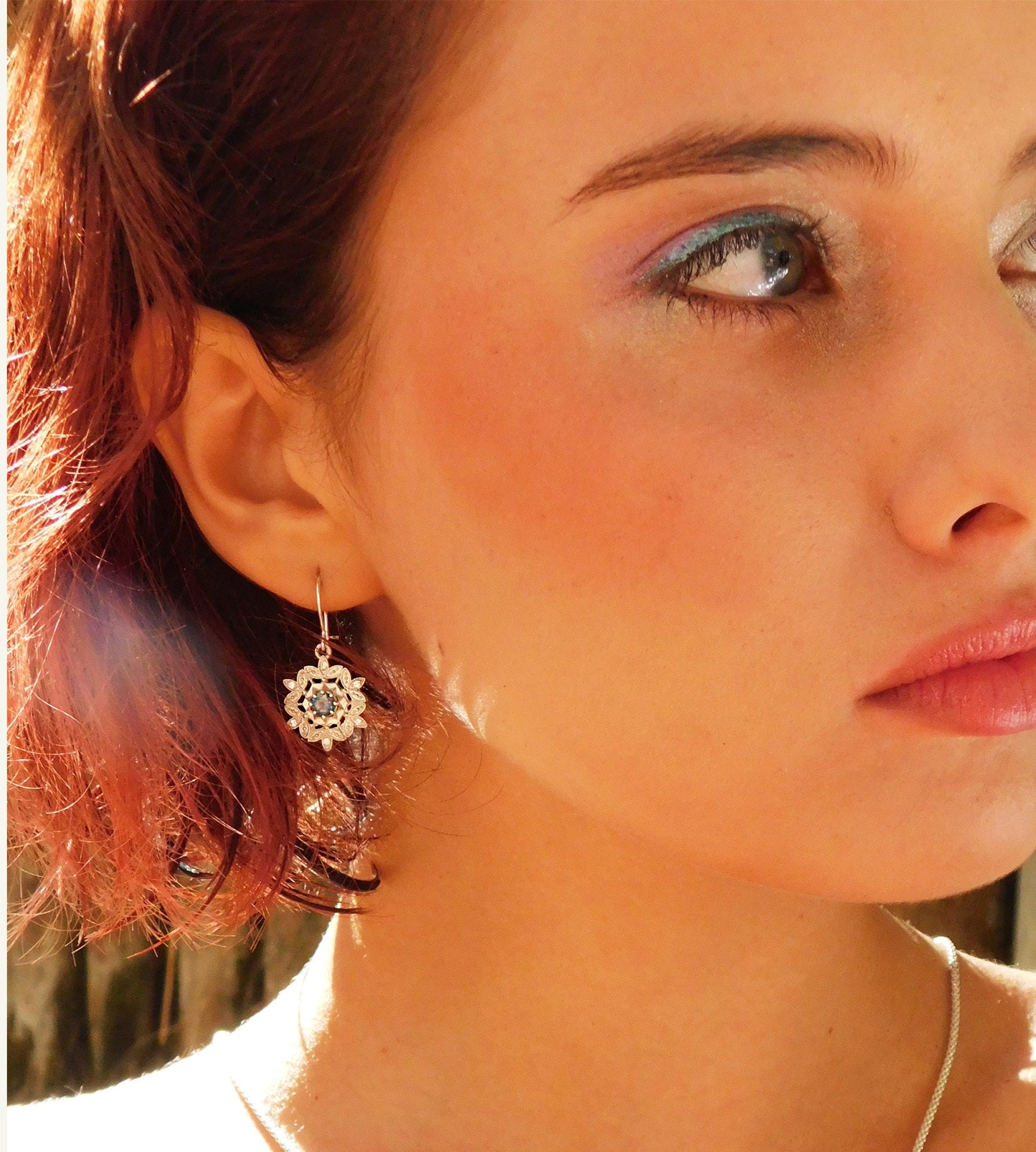 Gold and diamonds Water crystal dangle earrings, Blue Topaz and diamond