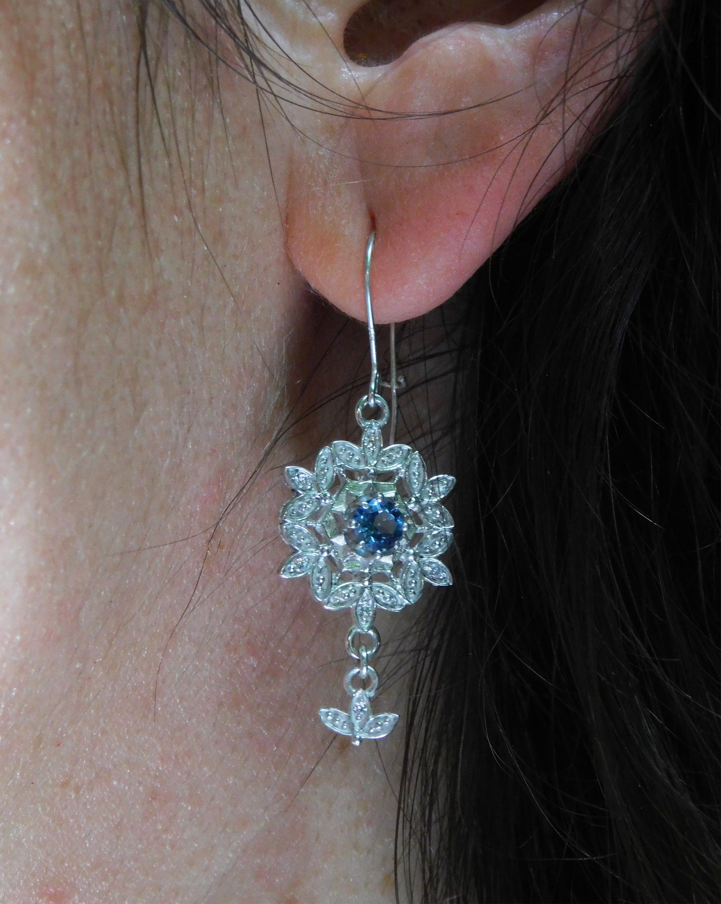 Blue Topaz and diamond 14 k gold Snowflake earrings