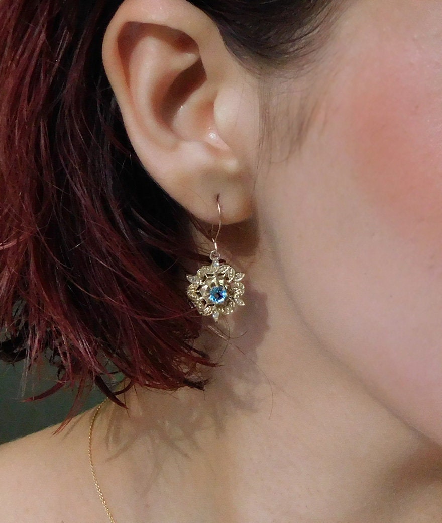 Gold and diamonds Water crystal dangle earrings, Blue Topaz and diamond