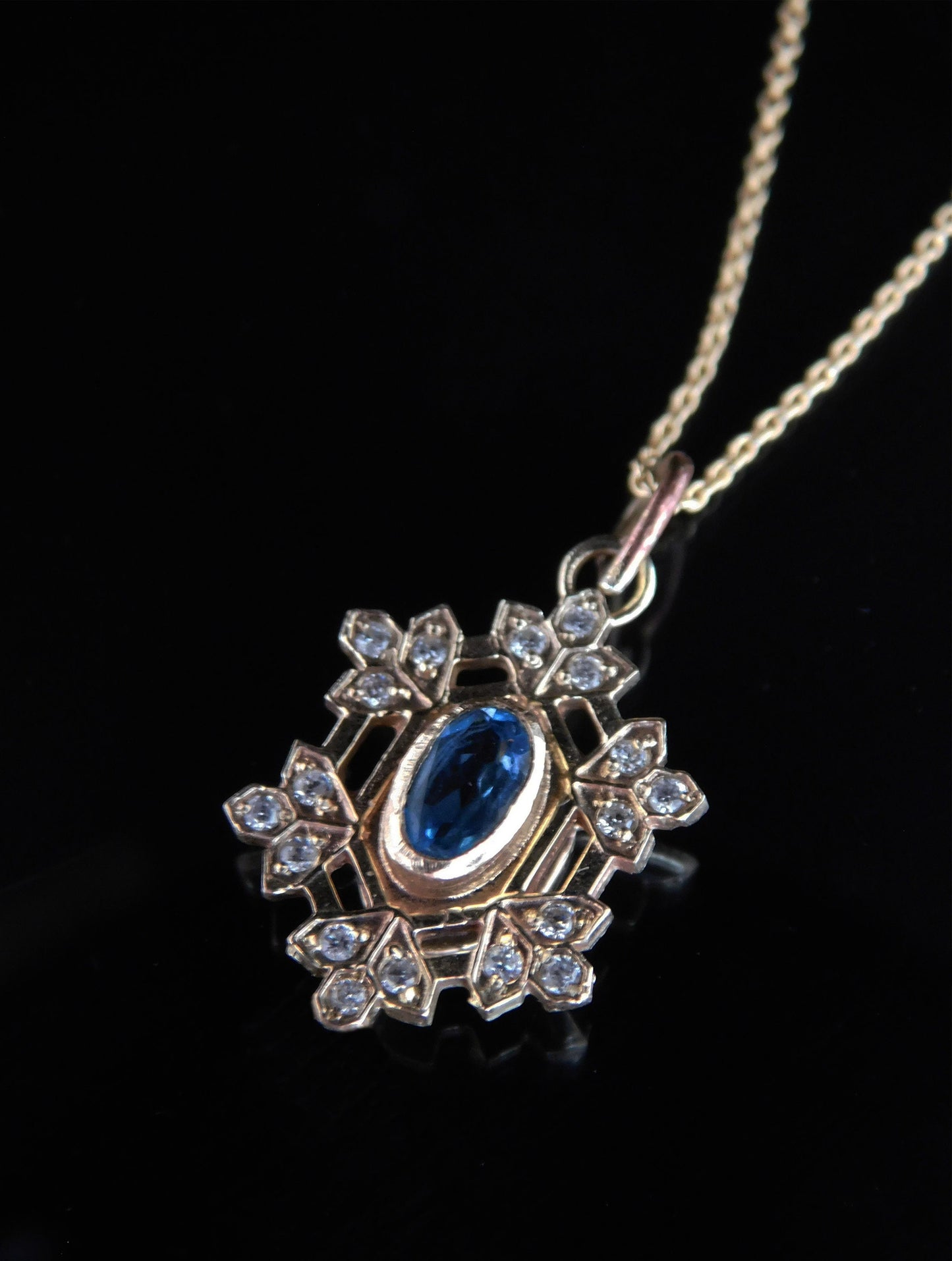 Water crystal Blue Topaz gold Snowflake necklace