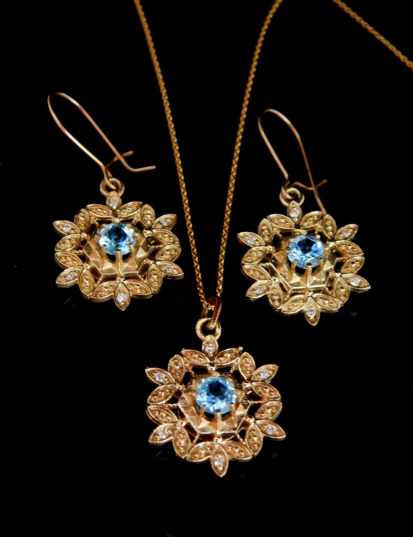 Gold and diamonds Water crystal dangle earrings, Blue Topaz and diamond