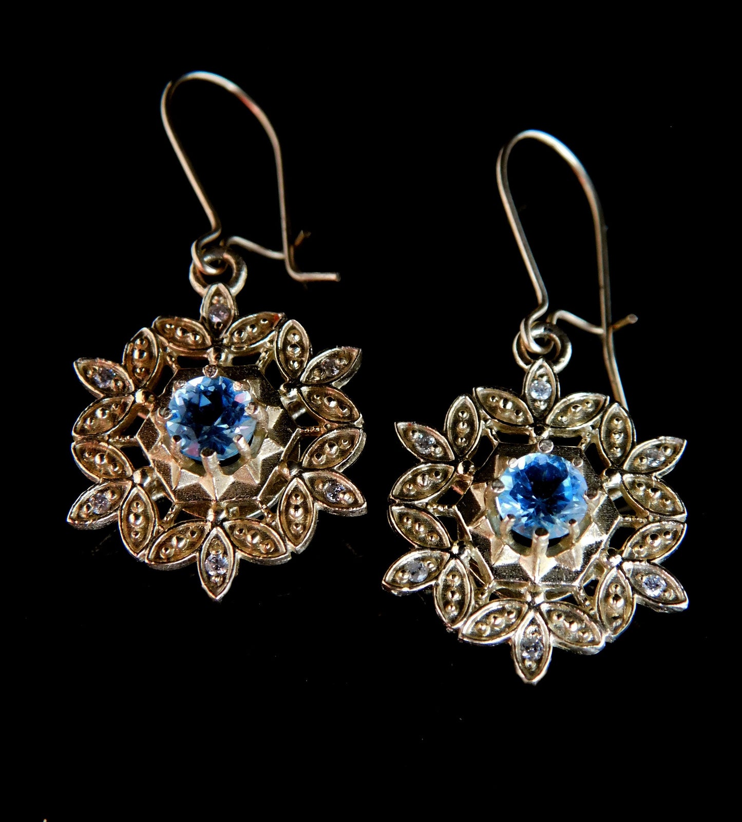 Gold and diamonds Water crystal dangle earrings, Blue Topaz and diamond