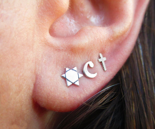 Star of David, cross, Crescent moon Silver stud earrings