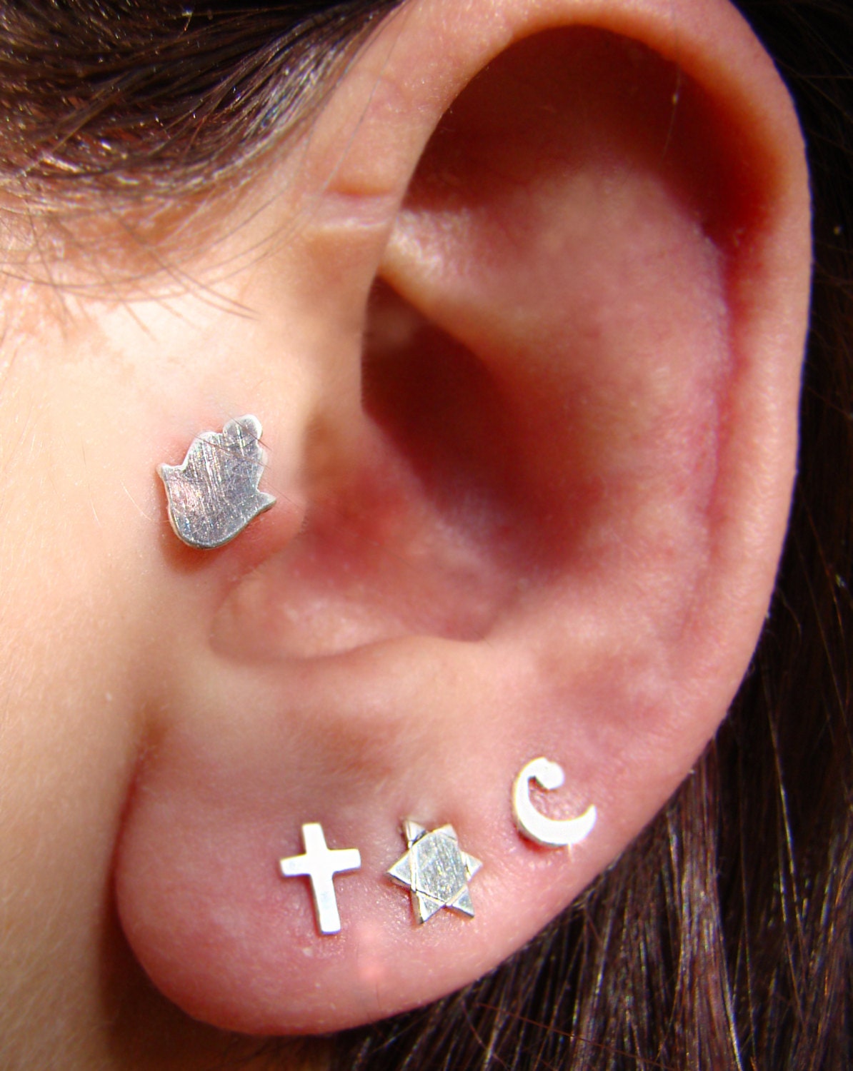 Star of David, cross, Crescent moon Silver stud earrings