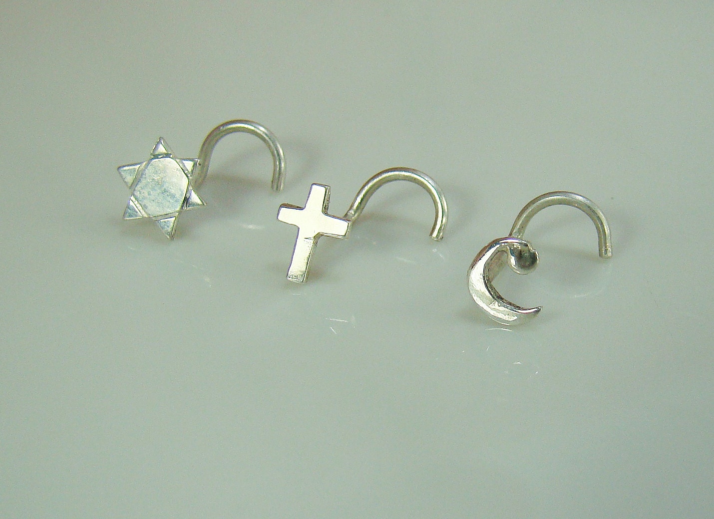 Star of David, cross, Crescent moon Silver stud earrings